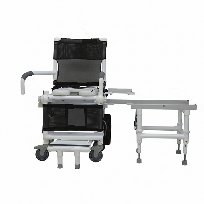 MJM International D118-5-SLIDE-N Deluxe All Purpose Dual Shower Chair/Transfer Bench (Excellent Lateral Transfer), Open Front Soft Seat, Buckle Safety Belt, Double Drop Arms, 5" x 1 1/4" Heavy Duty Casters, 300 lbs Weight Capacity