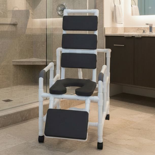 MJM International 193-SSDE-TP Reclining Padding Shower Chair With Open Front Soft Seat And Elevated Leg Extension, 325 Lbs Weight Capacity