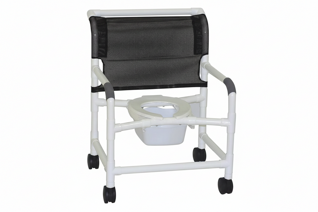 MJM International 126-4-NB Extra-wide Shower Chair 26" Internal Width, Open Front Seat0 Qt. Slide Out Commode Pail, 425 Lbs Weight Capacity