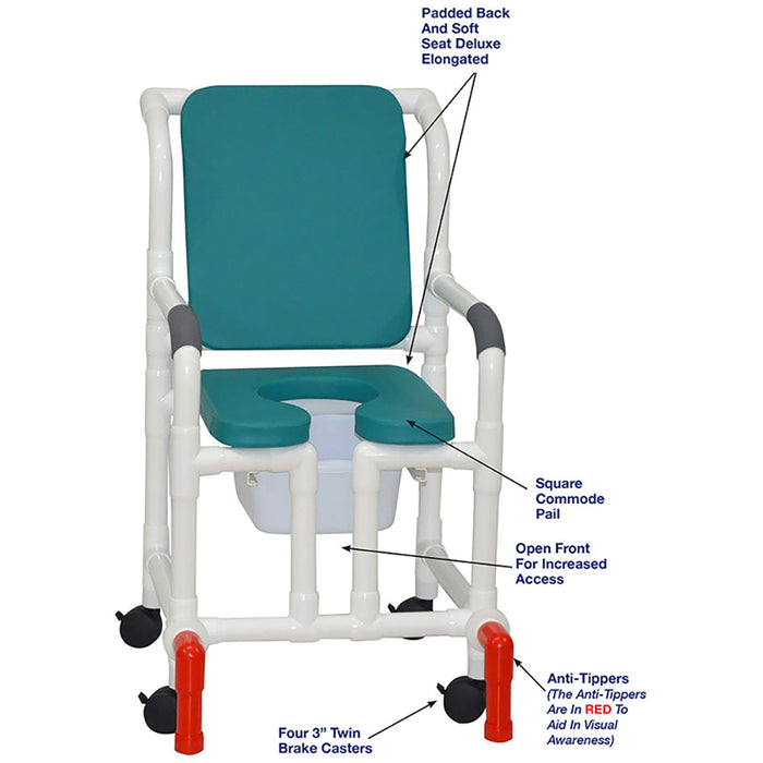 MJM International 118-3TW-SSDE-CBP-OB-OF-SQ-PAIL-AT Shower Chair With Soft Seat Deluxe Elongated, Cushion Back, Open Front, Square Pail And Anti-Tippers