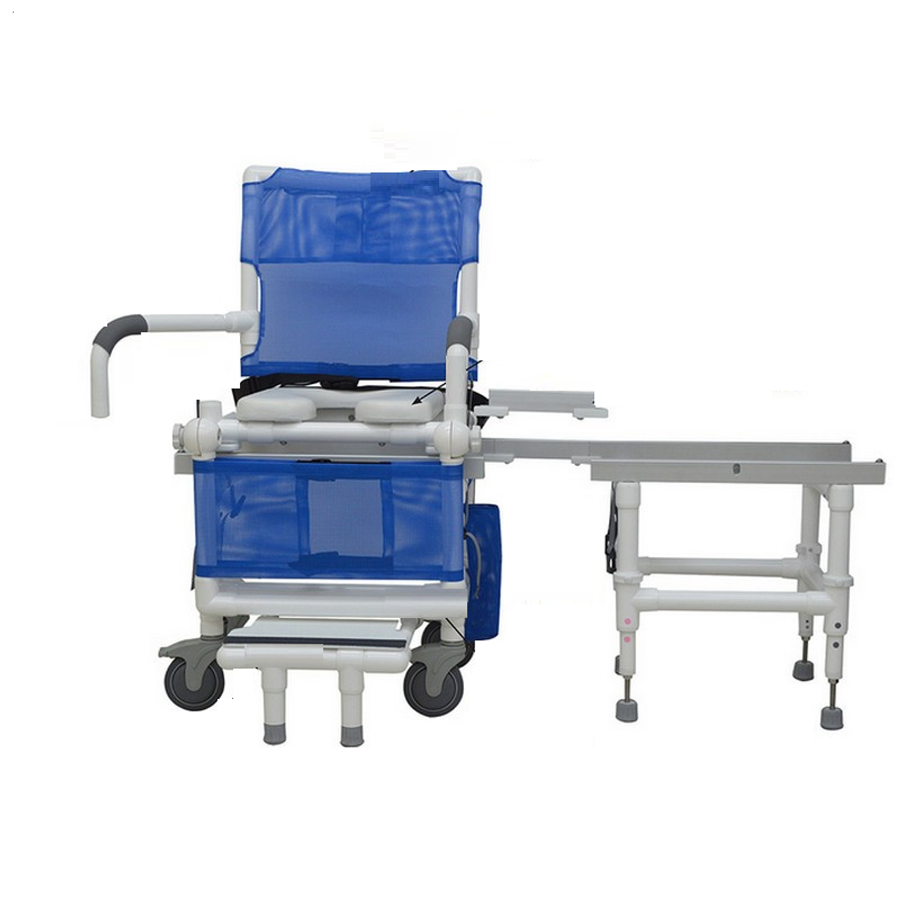 MJM International D118-5-SLIDE-N Deluxe All Purpose Dual Shower Chair/Transfer Bench (Excellent Lateral Transfer), Open Front Soft Seat, Buckle Safety Belt, Double Drop Arms, 5" x 1 1/4" Heavy Duty Casters, 300 lbs Weight Capacity