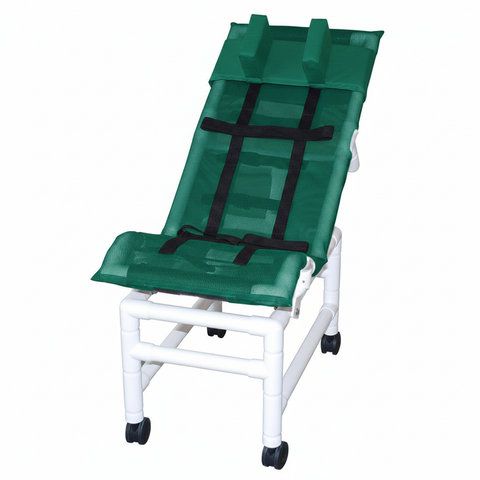 MJM International 191-LC-HB Reclining bath / shower chair (LARGE), with dual base & casters, head bolster, 180 lbs weight capacity