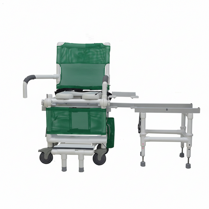 MJM International D118-5-SLIDE-N Deluxe All Purpose Dual Shower Chair/Transfer Bench (Excellent Lateral Transfer), Open Front Soft Seat, Buckle Safety Belt, Double Drop Arms, 5" x 1 1/4" Heavy Duty Casters, 300 lbs Weight Capacity