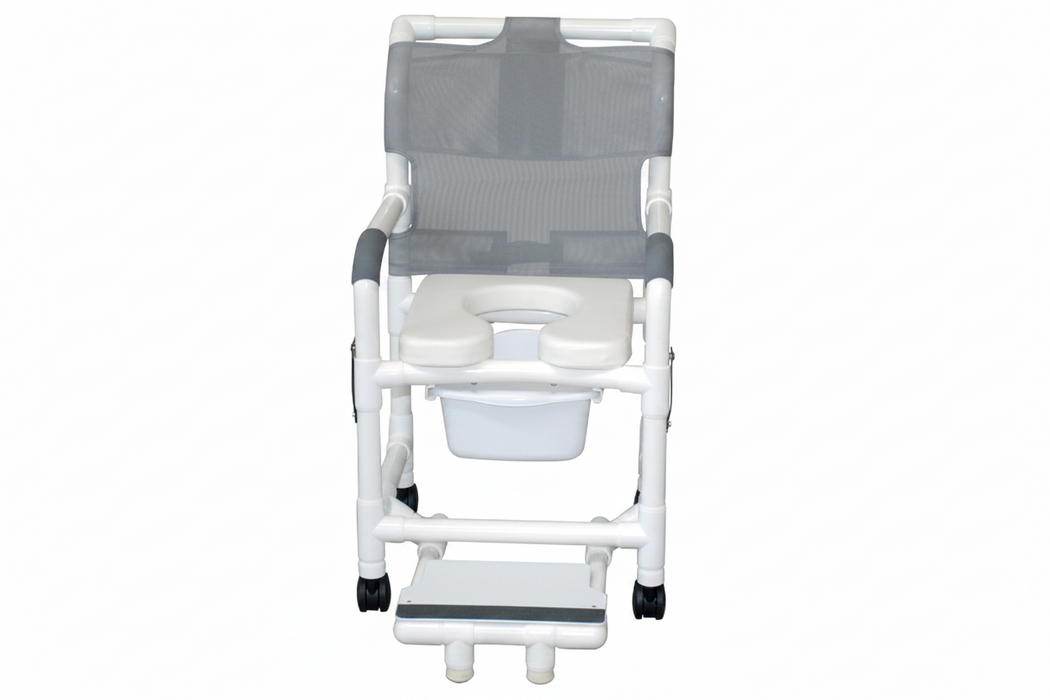 MJM International 118-3TW-DDA-SF-SQ-PAIL Shower chair 18" internal width, open front seat, 3" twin casters, with double drop arms, slide out footrest and 10 qt slide out square commode pail, 300 lbs weight capacity