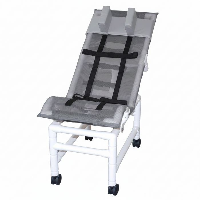 MJM International 191-LC-HB Reclining bath / shower chair (LARGE), with dual base & casters, head bolster, 180 lbs weight capacity