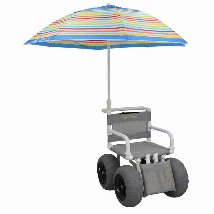 MJM International 722-ATC-ELR-YLW-GRYW-UMB-KD All Terrain Beach Wheelchair with Umbrella Heavy Duty Wheels Non-Corrosive Plastic Bearings, 2 Swivel And 2 Rigid Wheels, Padded Cushion Seat, User-Friendly Elevating Leg Rest