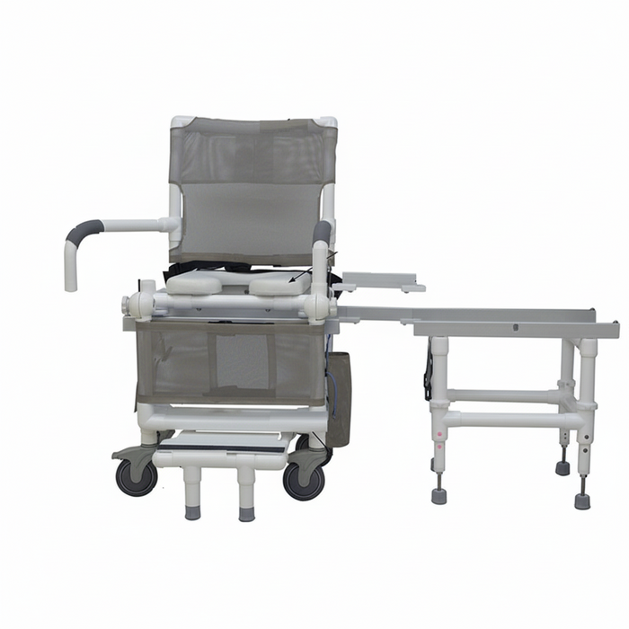 MJM International D118-5-SLIDE-N Deluxe All Purpose Dual Shower Chair/Transfer Bench (Excellent Lateral Transfer), Open Front Soft Seat, Buckle Safety Belt, Double Drop Arms, 5" x 1 1/4" Heavy Duty Casters, 300 lbs Weight Capacity