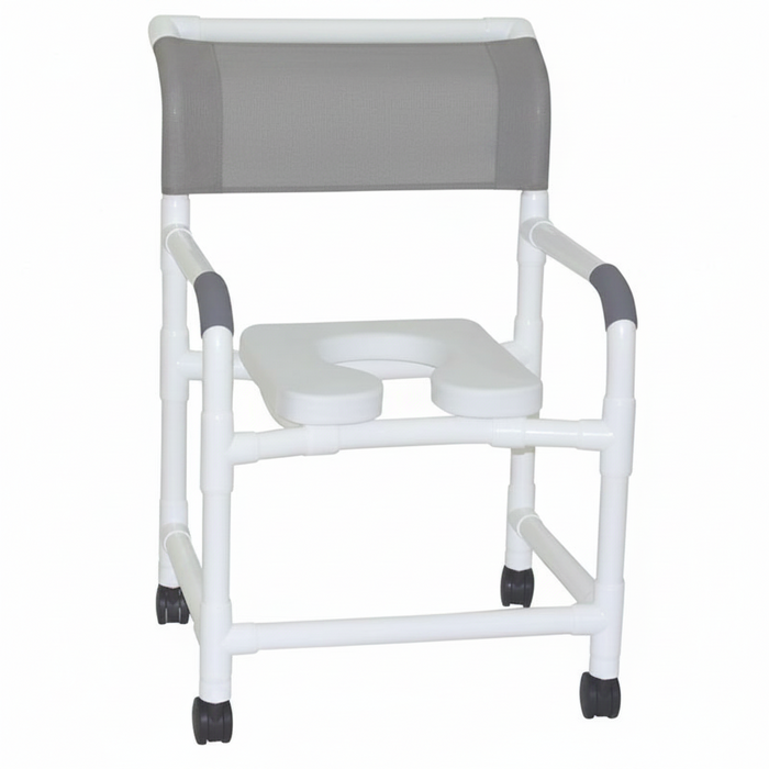MJM International 122-3TW-SSDE Wide Shower Chair 22" Internal Width, 3" Twin Casters, Deluxe Elongated Open Front Soft Seat, 375 lbs Weight Capacity