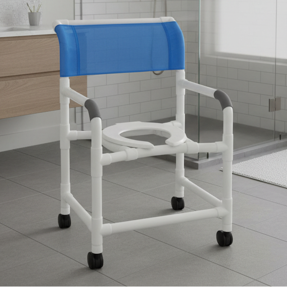 MJM International 122-3TW Wide Shower Chair 22" Internal Width, Open Front Seat, 3" Twin Casters,  375 Lbs Weight Capacity