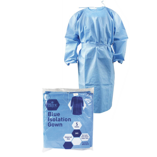 MedPride Protective Isolation Gowns Impervious, Universal Size - Blue - 5 Gowns, Case of 10