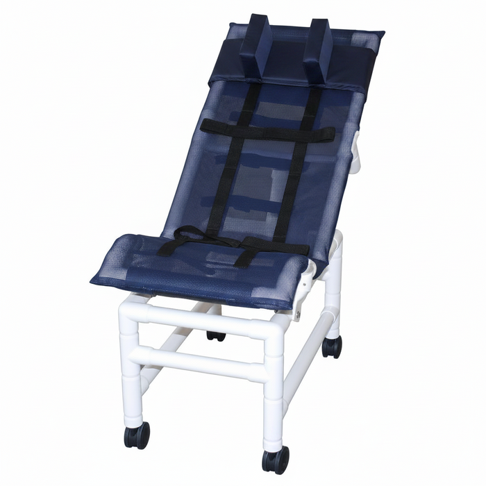 MJM International 191-LC-HB Reclining bath / shower chair (LARGE), with dual base & casters, head bolster, 180 lbs weight capacity