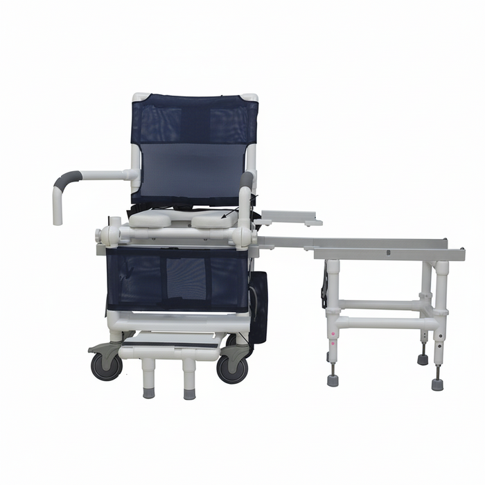 MJM International D118-5-SLIDE-N Deluxe All Purpose Dual Shower Chair/Transfer Bench (Excellent Lateral Transfer), Open Front Soft Seat, Buckle Safety Belt, Double Drop Arms, 5" x 1 1/4" Heavy Duty Casters, 300 lbs Weight Capacity