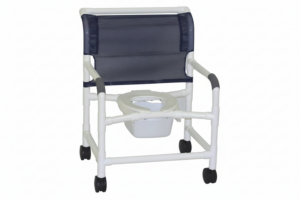 MJM International 126-4-NB Extra-wide Shower Chair 26" Internal Width, Open Front Seat0 Qt. Slide Out Commode Pail, 425 Lbs Weight Capacity