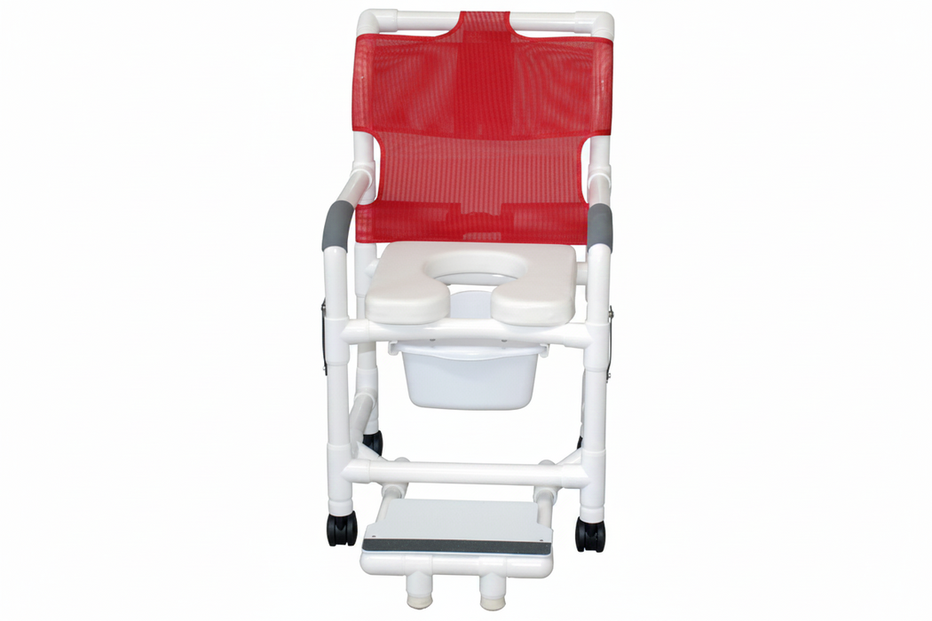 MJM International 118-3TW-DDA-SF-SQ-PAIL Shower chair 18" internal width, open front seat, 3" twin casters, with double drop arms, slide out footrest and 10 qt slide out square commode pail, 300 lbs weight capacity
