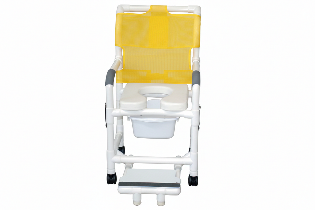 MJM International 118-3TW-DDA-SF-SQ-PAIL Shower chair 18" internal width, open front seat, 3" twin casters, with double drop arms, slide out footrest and 10 qt slide out square commode pail, 300 lbs weight capacity