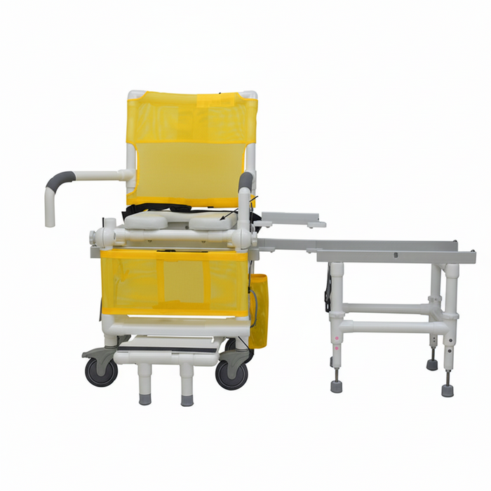 MJM International D118-5-SLIDE-N Deluxe All Purpose Dual Shower Chair/Transfer Bench (Excellent Lateral Transfer), Open Front Soft Seat, Buckle Safety Belt, Double Drop Arms, 5" x 1 1/4" Heavy Duty Casters, 300 lbs Weight Capacity